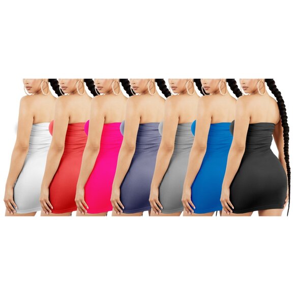 Women's Strapless Stretchy Comfy Tight Fit Seamless Body Con Mini Tube Top Dress - Picture 3 of 16